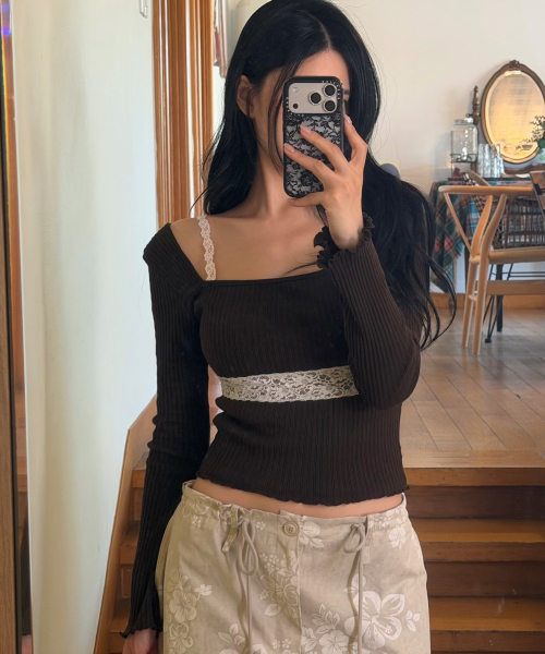 FLEUR SHEER LACE T-SHIRT / BROWN