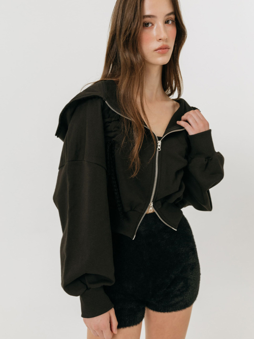 LACE STRING HOODIE ZIP-UP / BLACK