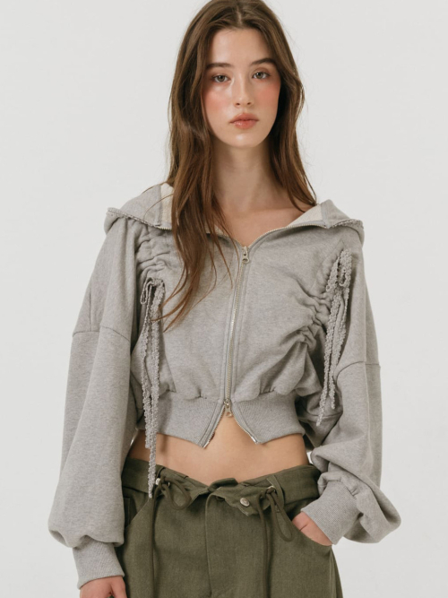 LACE STRING HOODIE ZIP-UP / GREY