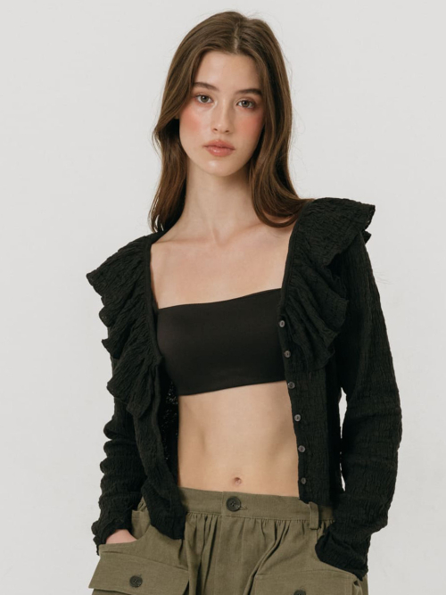 CRINKLE FRILL CARDIGAN / BLACK
