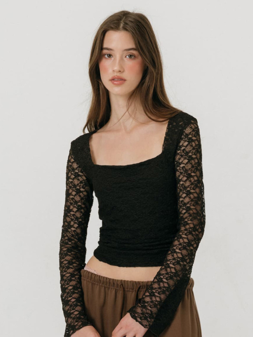 LACE SQUARE NECK TOP / BLACK