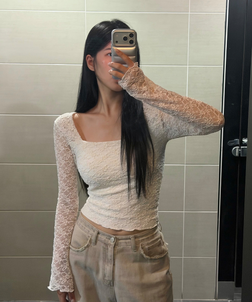 LACE SQUARE NECK TOP / IVORY
