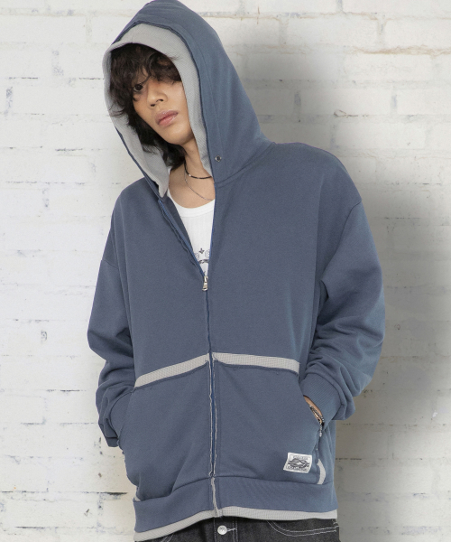 XTT169 핑거홀 와플 레이어드 크롭 후드 집업 (NAVY)