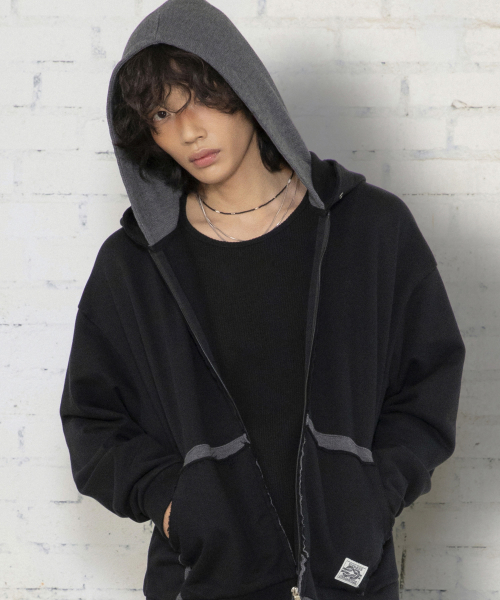 XTT169 핑거홀 와플 레이어드 크롭 후드 집업 (BLACK)