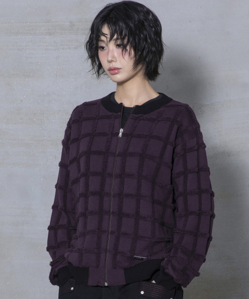 XTK185 투톤 스퀘어 크롭 니트 집업 (PURPLE)