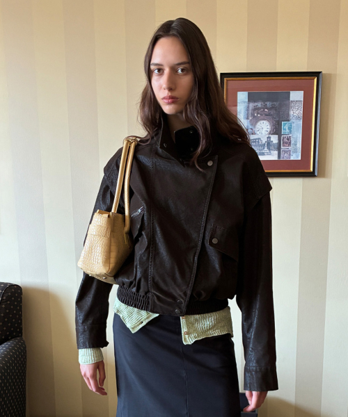 FAUX BOMBER LEATHER JACKET IN BROWN