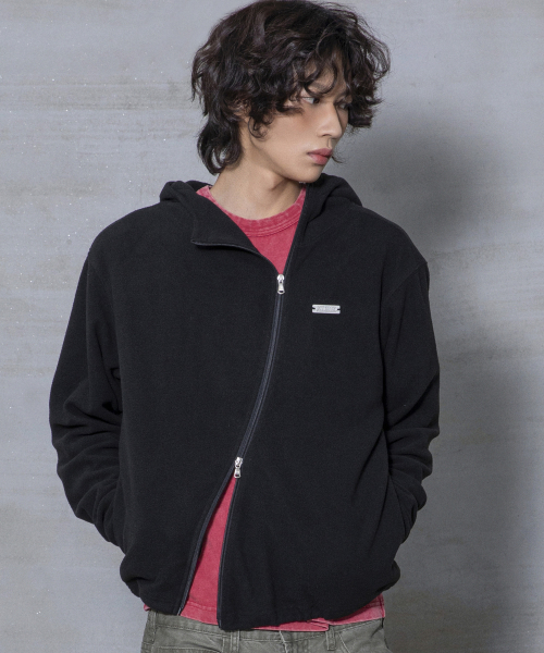 XJ148 커브드 지퍼 라이트 플리스 후드 집업 (BLACK)