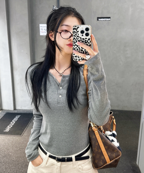 헨리넥 골지 슬림 티셔츠_멜란지그레이
