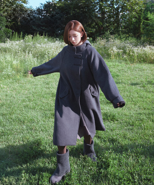 Asymmetric hoodie long duffle coat CHARCOAL
