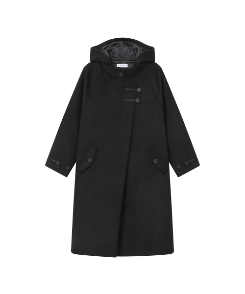 Asymmetric hoodie long duffle coat BLACK