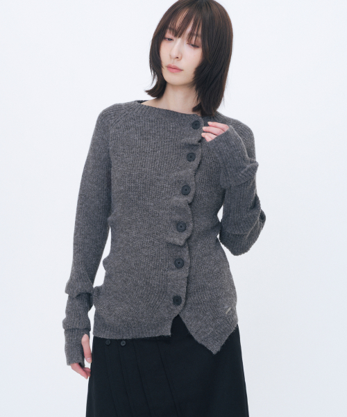 Unbalanced cowl button knit CHARCOAL