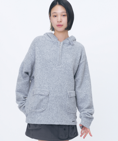 Button hoodie knit pullover GREY