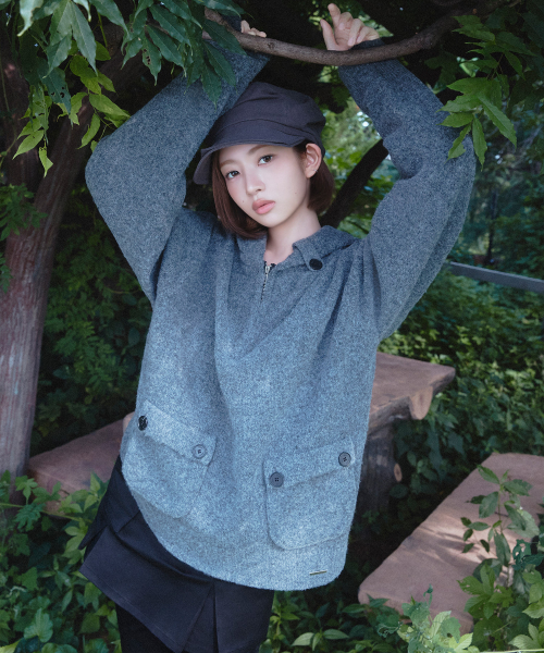 Button hoodie knit pullover CHARCOAL