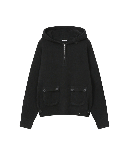Button hoodie knit pullover BLACK