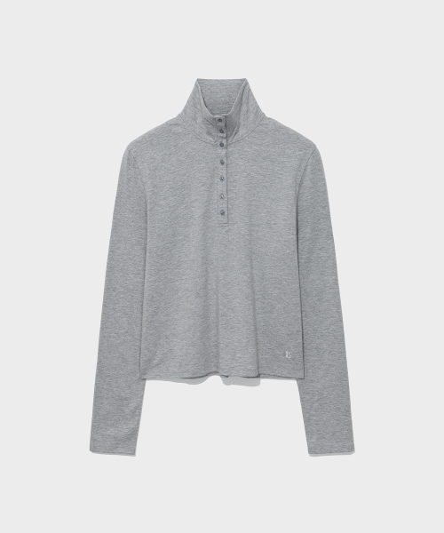 BUTTONED HIGH-NECK TEE_MELANGE GREY [LC263TS09MG]