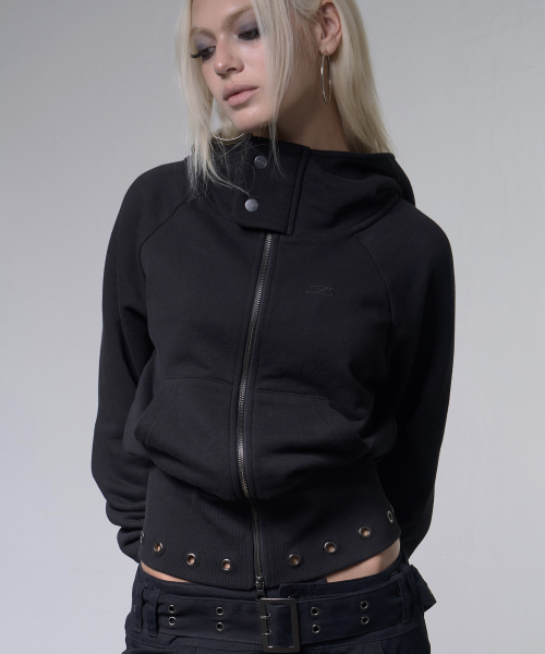 EYELET RIBBED HOODED ZIP-UP (BLACK) F26ZA510