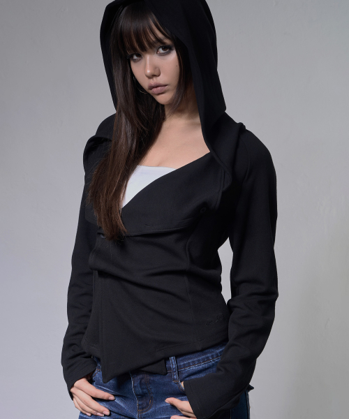 OBLIQUE HOODED CARDIGAN (BLACK) F26ZA514