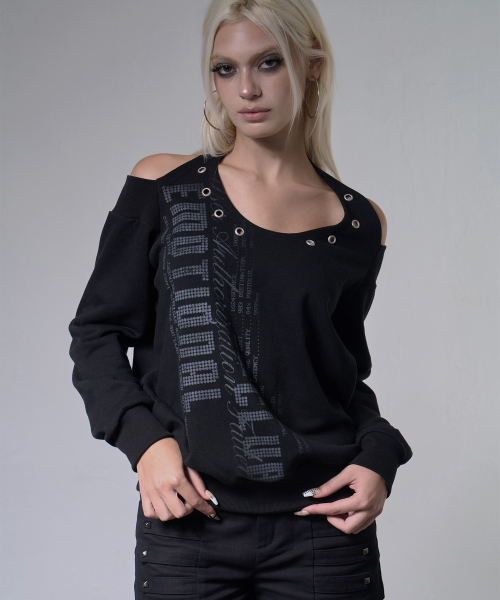 EYELET HALTER SWEAT OFF-SHOULDER (BLACK) F26ZB534