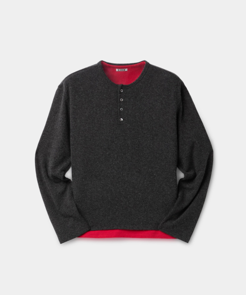 Fuzzy Henley Neck Layered T Shirt (Charcoal)