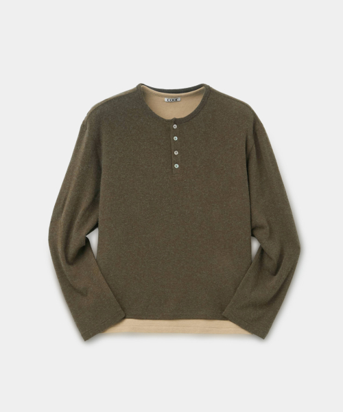 Fuzzy Henley Neck Layered T-Shirt (Khaki Green)
