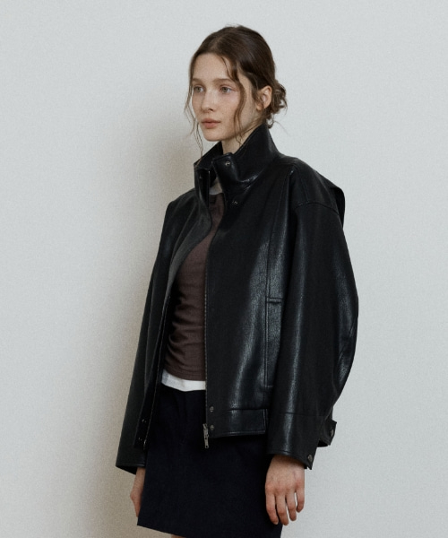 high neck leather jacket - black
