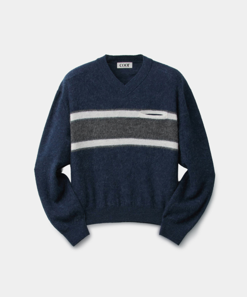 Alpaca Blend Stripe Vneck Sweater (Navy)