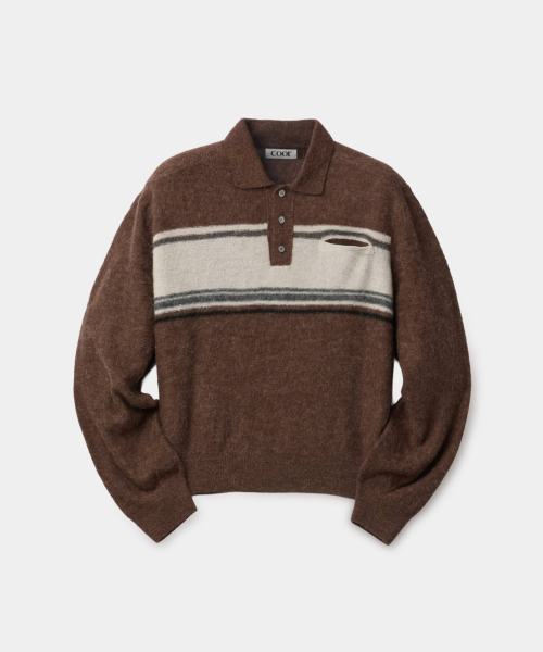 Alpaca Blend Striped Polo Sweater (Melange Brown)