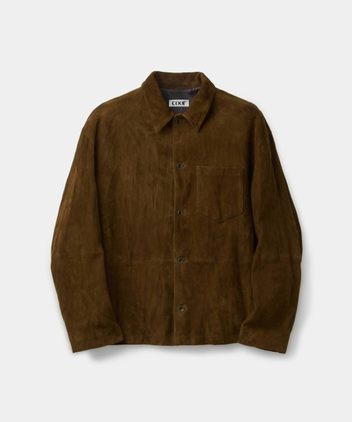 Pleated Washed Leather Shirts Jacket (Dark Brown)