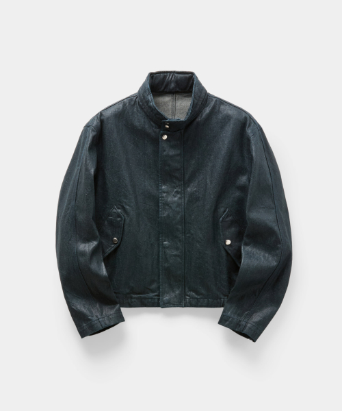 Coated Denim Stand Collar Jumper (Teal Blue)