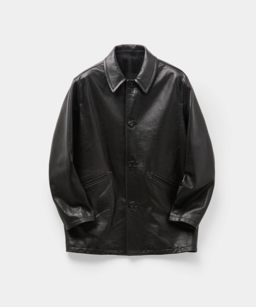 Chevron-Stitched Cow Leather Car Coat (Black)