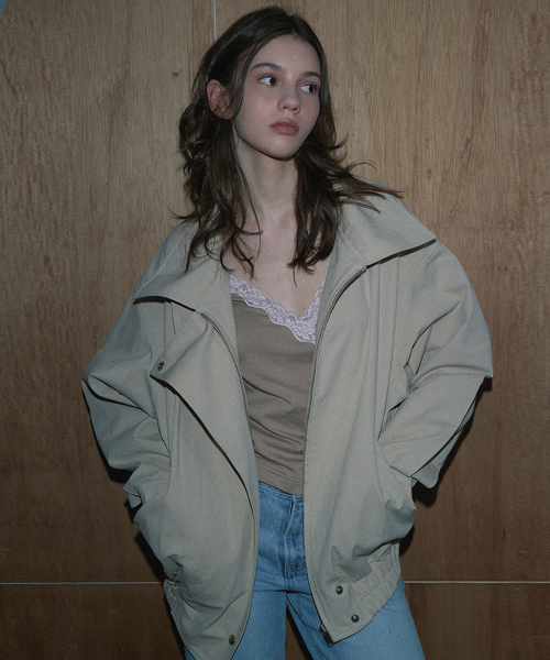 HIGH-NECK COTTON BOMBER JACKET (LIGHT BEIGE)