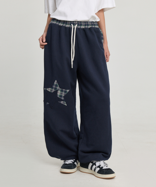 Check Star Embroidery Sweat Pants NAVY