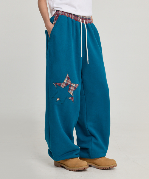 Check Star Embroidery Sweat Pants TEAL GREEN