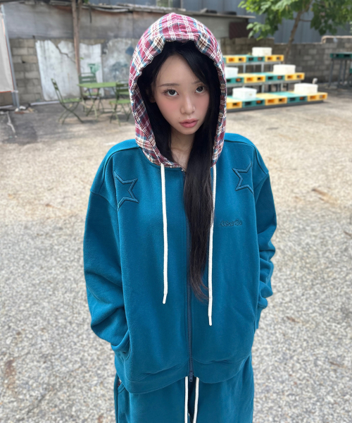 Check Star Embroidery Hoodie Zip Up TEAL GREEN
