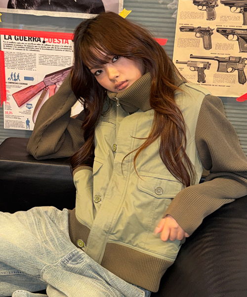 RIBBED HIGH NECK JACKET KHAKI