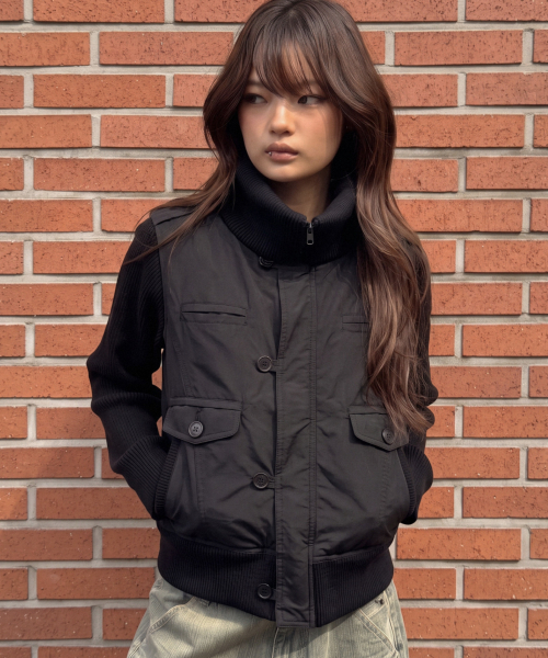 RIBBED HIGH NECK JACKET BLACK