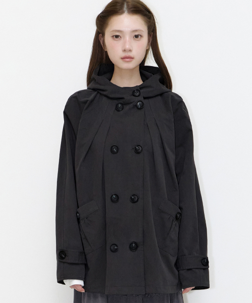 PINTUCK HOODIE TRENCH JACKET BLACK