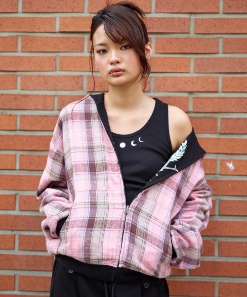 REVERSIBLE CHECK HOOD ZIP-UP BLACK
