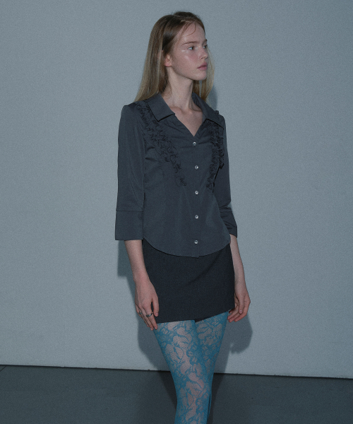 FRILL OPEN COLLAR SHIRT (CHARCOAL)