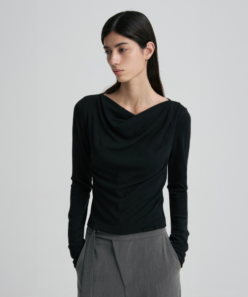 COWL-NECK FITTED LONG-SLEEVE TOP BLACK