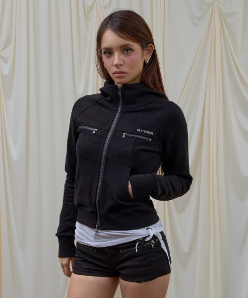 Mock Neck Incision Hooded Zip-up - Black