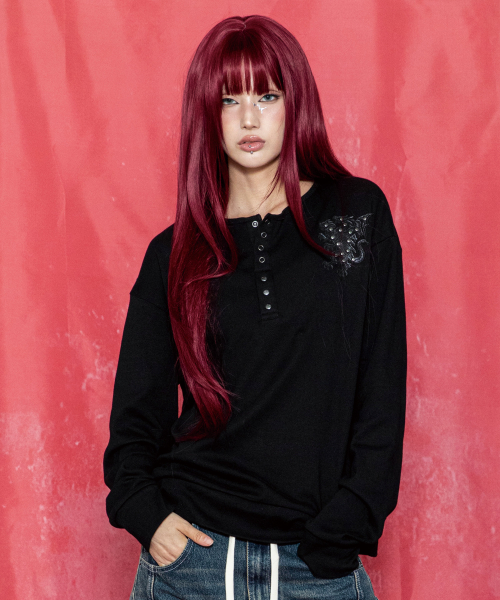 GNT081 키메라 아플리케 스터드 레귤러핏 헨리넥 롱슬리브 (BLACK)