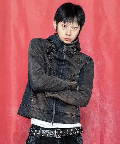 GJ112 파이어티 크로스 코팅 워시드 피티드 데님 후드 집업 (BLACK)