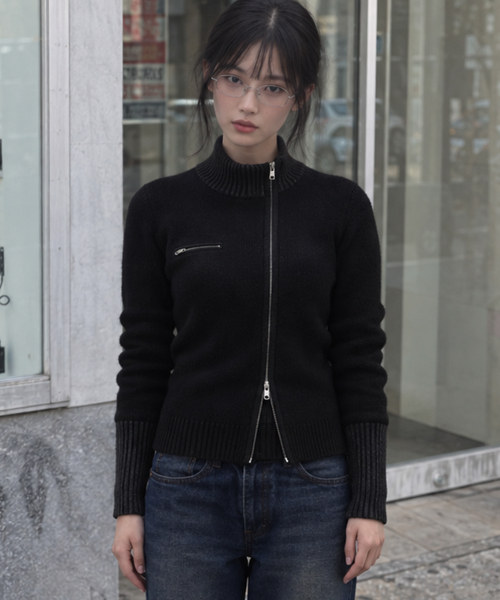 데일리 언발 지퍼 배색 디테일 하이넥 소트프 슬림 니트 가디건 집업_3COLOR