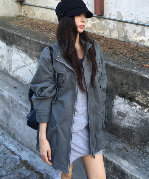 더블 멀티 포켓 워싱 벨티드 오버핏 투웨이 블루종 코튼 집업 자켓 _2COLOR