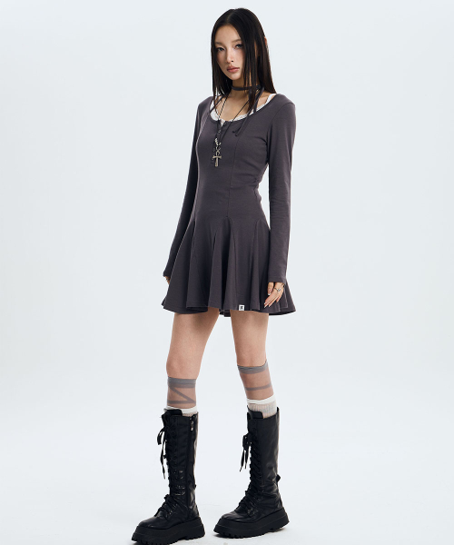Button Strap Flared Dress (CHARCOAL)