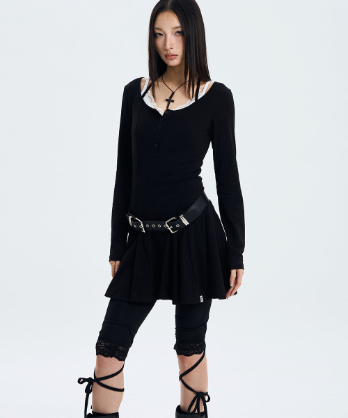 Button Strap Flared Dress (BLACK)