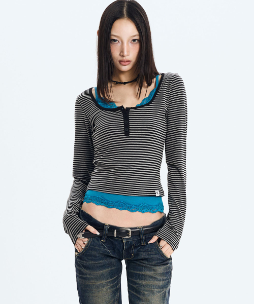 L/S Lace Layered Set (STRIPE)