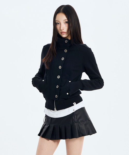 Button High Neck Zip Up (BLACK)
