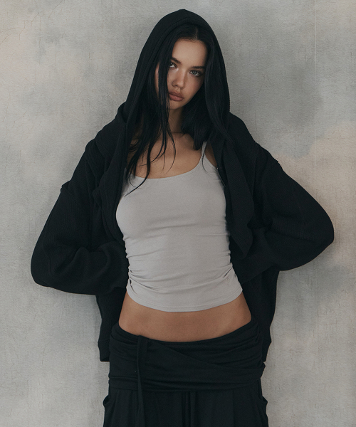 Posie Scarf Waffle Hoodie Zip Up (Black)